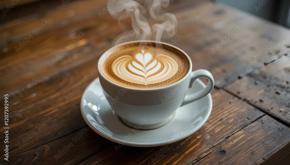 Steaming Hot Latte Art on Rustic Wooden Table Steaming Hot Latte Art on Rustic Wooden Table