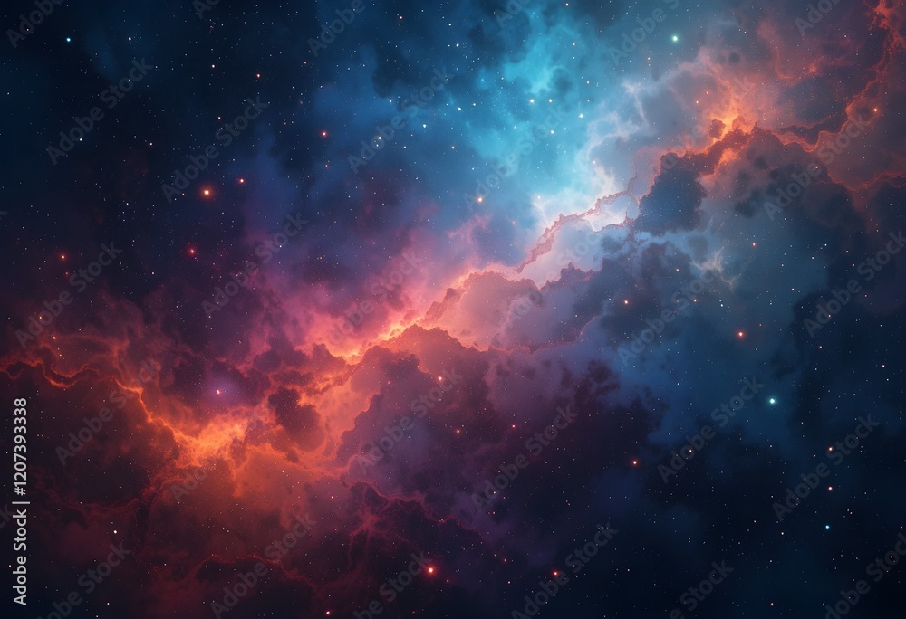 Fototapeta premium Colourful grunge grainy outer space nebula background gradient, blue, orange, red and black noise texture backdrop design wallpaper