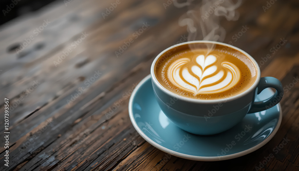 Steaming Hot Latte Art on Rustic Wooden Table Steaming Hot Latte Art on Rustic Wooden Table