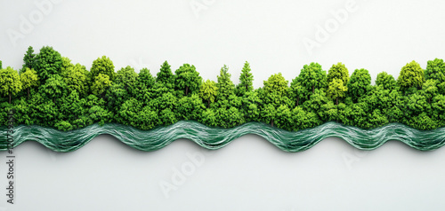 Climate change and pollution to global warming. Lush greenery mimicking a forest landscape with a flowing river design.