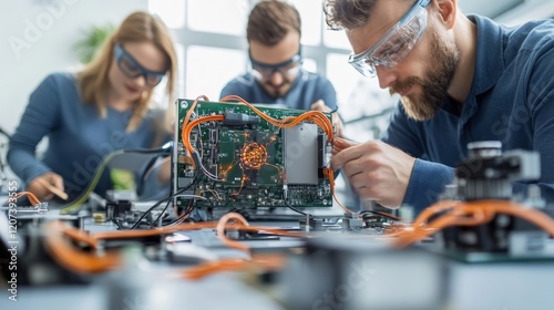 Wallpaper Mural Team of engineers working on electronic components in a modern laboratory, focusing on intricate technology and collaboration in innovation and design processes Torontodigital.ca