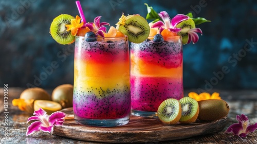 A stunningly vibrant tropical cocktail with a mix of bold rainbow layers, garnished with exotic fruits like dragon fruit and kiwi, served on a weathered wooden table with a summery ambiance photo