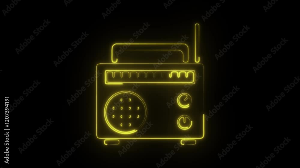 Glowing Neon Radio Icon Animation on Black Background, HD Motion Graphic Video Representing Broadcasting and Communication Glowing Neon Radio Icon Animation on Black Background, HD Motion Graphic Video Representing Broadcasting and Communication