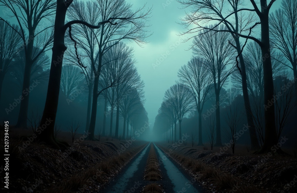 Fototapeta premium Mysterious foggy forest road with bare trees and moody atmosphere