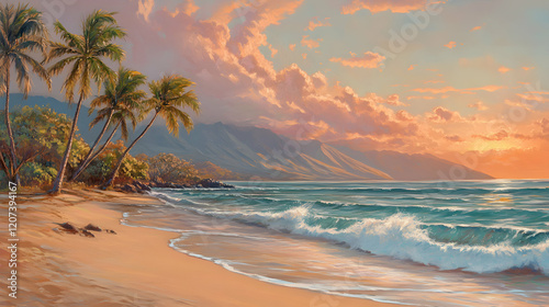 Serene Tropical Beach at Sunset with Gentle Waves and Palm Trees