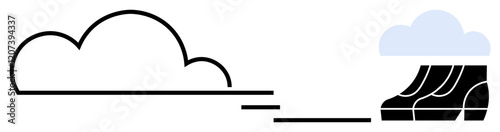 Black outlined cloud connected to black and white servers under a blue cloud. Ideal for themes of cloud computing, data transfer, technology, network, storage, connectivity, innovation. Abstract line