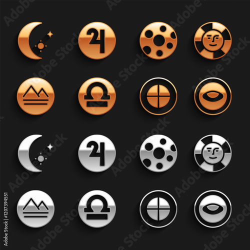 Set Libra zodiac, Sun, Medallion with eye, Earth globe, element, Full moon, Moon and stars and Symbol Jupiter icon. Vector