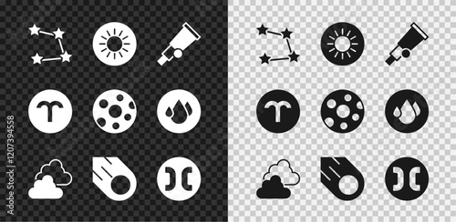 Set Star constellation zodiac, Sun, Telescope, Cloudy weather, Comet, Pisces, Aries and Full moon icon. Vector