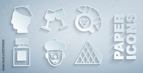 Set French mime, Coffee cup with croissant, Perfume, Louvre glass pyramid, Wine and man icon. Vector