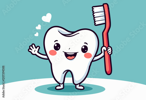 Cartoon Tooth with Arms: Dental Care, Toothbrush, Text Space, Simple Flat Design, Vector Graphics, High Resolution, Detailed, Colorful, Cute, Chibi Style, No Shadows.


