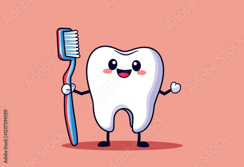 Colorful Dental Cartoon: Happy Tooth with Arms, Toothbrush, Text Space, Simple Flat Design, Vector Graphics, High Resolution, Detailed, Cute, Chibi Style, No Shadows.


