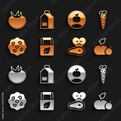 Set Shopping bag with recycle, Carrot, Apple, Steak meat, Cookie or biscuit, Tomato and Paper package for milk icon. Vector