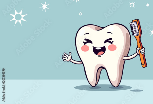 Chibi Tooth Character: Dental Care, Toothbrush, Arms, Text Space, Simple Flat Design, Vector Graphics, High Resolution, Detailed, Colorful, Cute Style, No Shadows.



