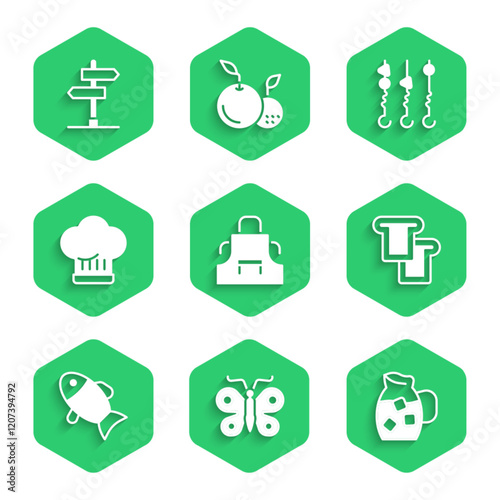 Set Kitchen apron, Butterfly, Jug glass with water, Bread toast, Fish, Chef hat, Grilled shish kebab skewer and Road traffic sign icon. Vector