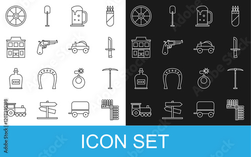 Set line Indian headdress with feathers, Pickaxe, Military knife, Wooden beer mug, Revolver gun, Wild west saloon, Old wooden wheel and covered wagon icon. Vector