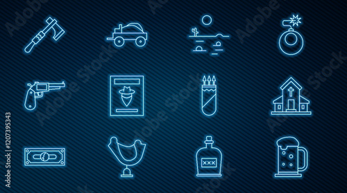 Set line Wooden beer mug, Church building, Desert landscape with cactus, Wanted western poster, Revolver gun, Tomahawk axe, Quiver arrows and Wild covered wagon icon. Vector