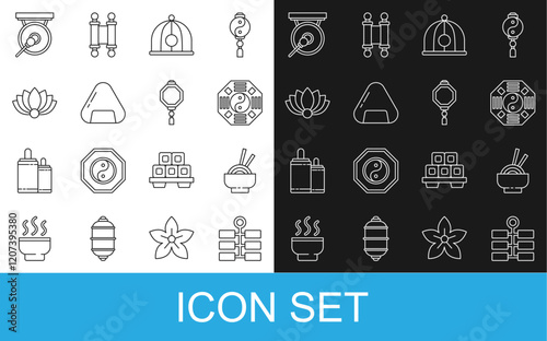 Set line Firework, Asian noodles in bowl, Yin Yang, Chinese hat, Sushi, Lotus flower, Gong and paper lantern icon. Vector