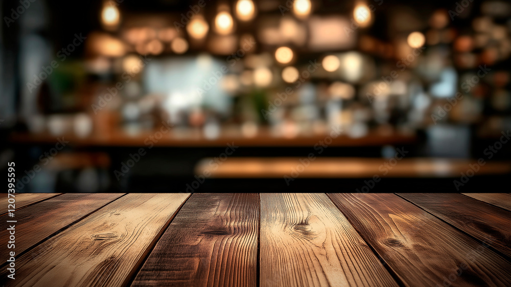 Empty Wooden Table Top in Focus with Blurred Background of a Cozy Cafe or Restaurant Interior. Empty Wooden Table Top in Focus with Blurred Background of a Cozy Cafe or Restaurant Interior.