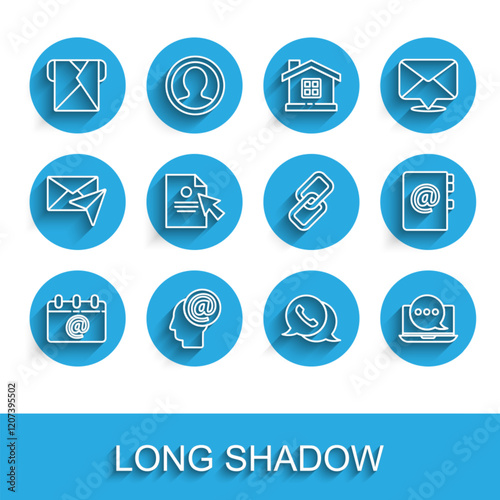 Set line Calendar with email, Mail and e-mail, Envelope, Telephone speech bubble chat, Chat messages notification laptop, Document cursor, Address book and Chain link icon. Vector