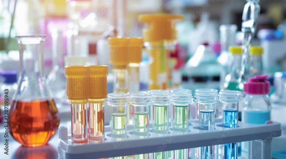 Various Colorful Test Tubes and Glassware in a Scientific Laboratory Various Colorful Test Tubes and Glassware in a Scientific Laboratory