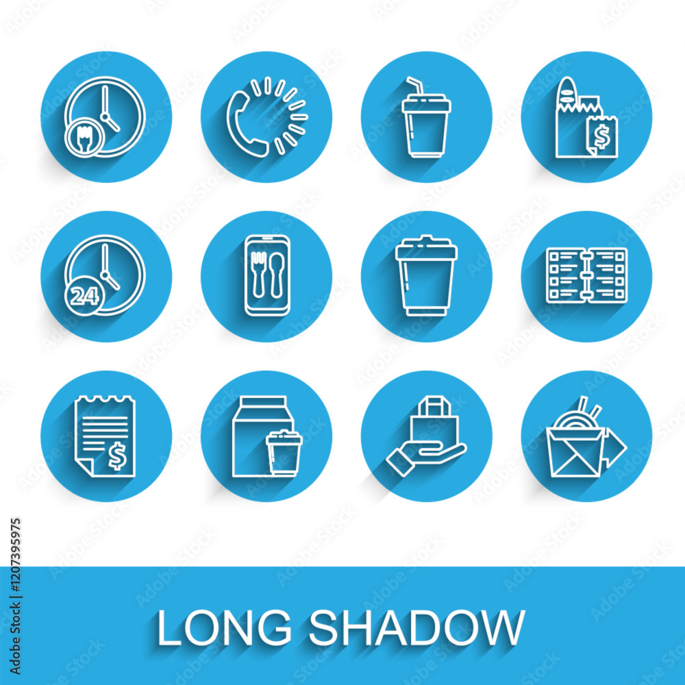 Set line Paper or financial check, Online ordering and delivery, Round the clock, noodles, Restaurant cafe menu and Coffee cup to go icon. Vector Set line Paper or financial check, Online ordering and delivery, Round the clock, noodles, Restaurant cafe menu and Coffee cup to go icon. Vector