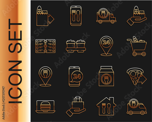 Set line Fast delivery by car, Online ordering pizza, Shopping cart and food, Coffee cup to go, Restaurant cafe menu, and Round the clock icon. Vector