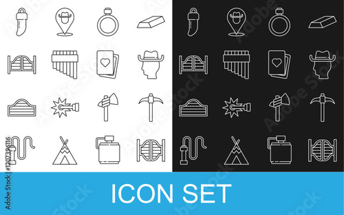 Set line Saloon door, Pickaxe, Cowboy, Canteen water bottle, Pan flute, Tooth and Deck of playing cards icon. Vector
