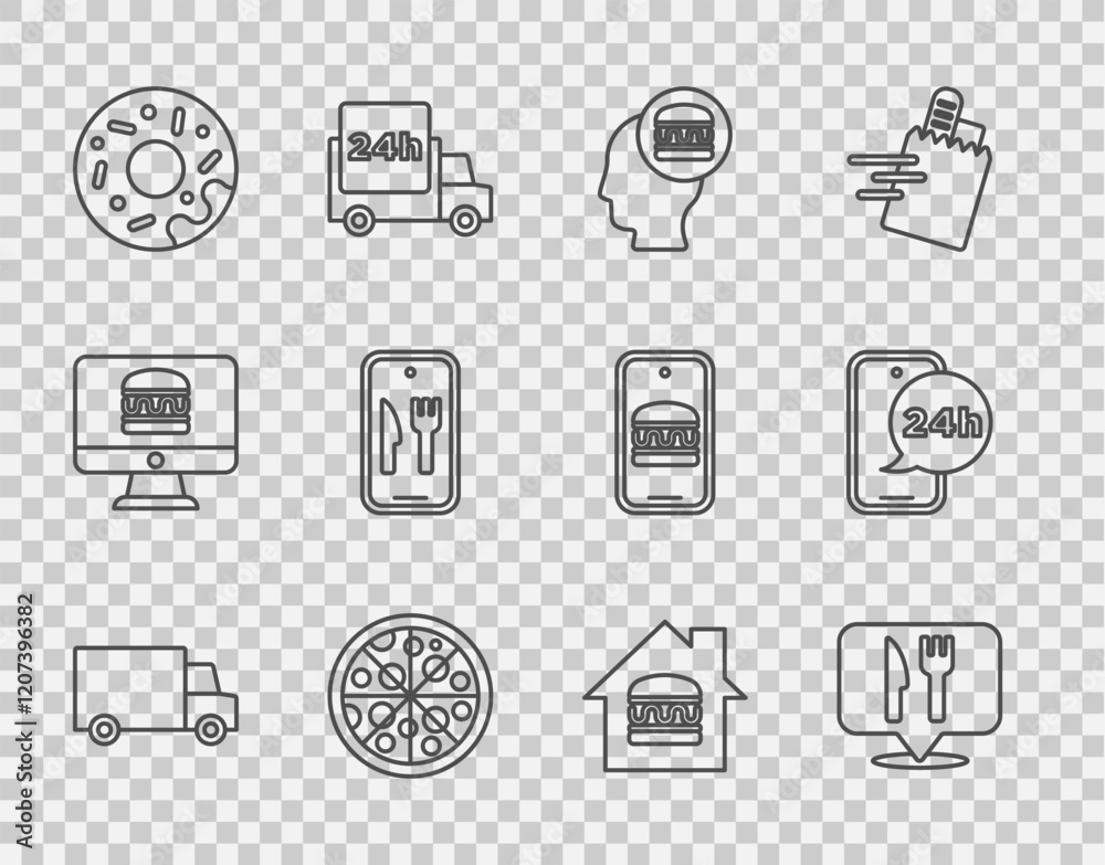 Set line Fast delivery by car, Cafe and restaurant location, Online ordering, Pizza, Donut, and Food icon. Vector Set line Fast delivery by car, Cafe and restaurant location, Online ordering, Pizza, Donut, and Food icon. Vector
