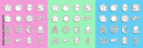 Set line Rocket ship, Astronaut helmet, Ray gun, Alien, Sun, Asteroid, and Planet Venus icon. Vector
