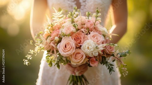 Bridal Bouquet: Peach Roses and  Astilbe at Sunset photo