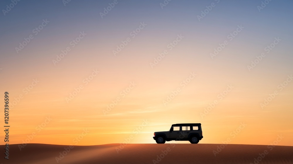 Fototapeta premium Silhouette of an Off-Road Vehicle Against a Colorful Sunset Sky in the Desert, Capturing Adventure, Freedom, and the Spirit of Exploration in a Remote Landscape