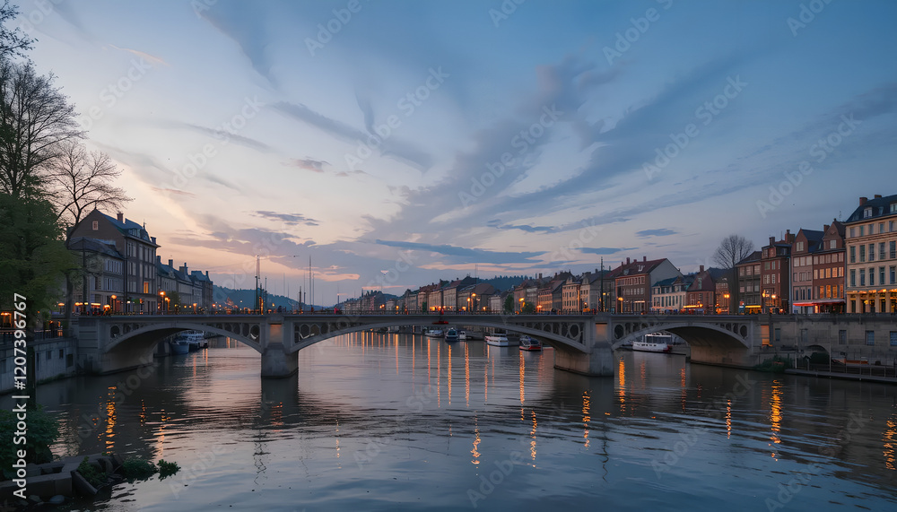 Naklejka premium Twilight descends on a charming European city, bridge reflecting lights on the calm river.