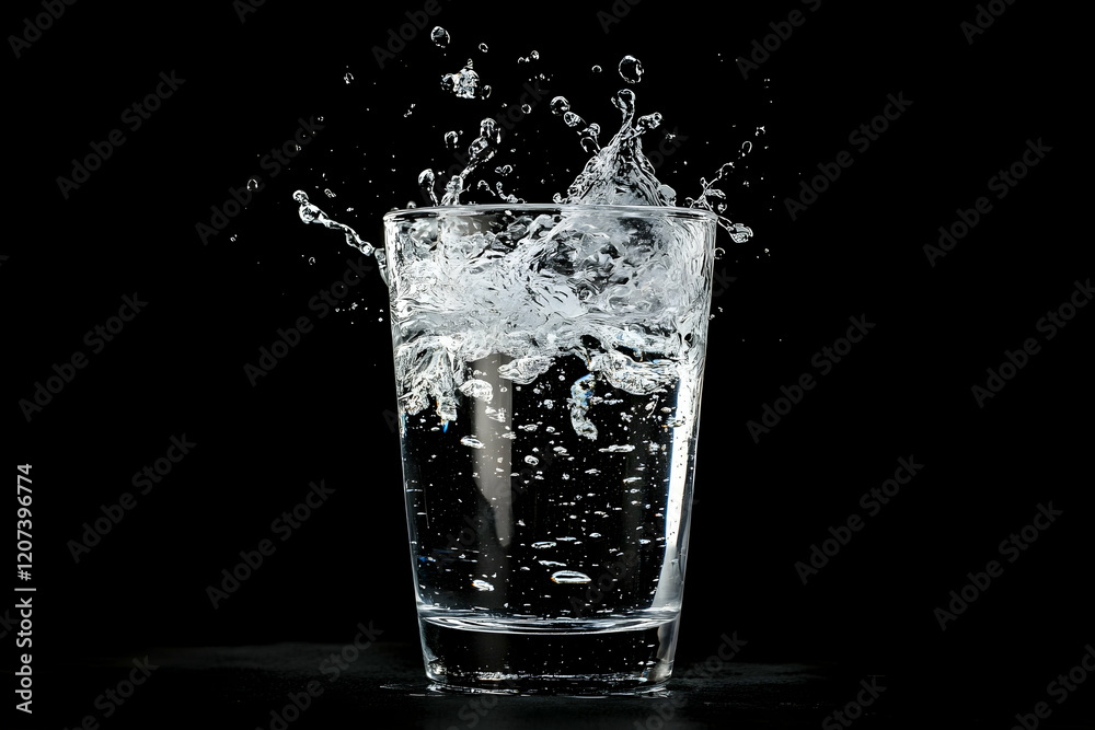 Water splash on a black background, a commercial photograph taken in a studio with high-resolution lighting Water splash on a black background, a commercial photograph taken in a studio with high-resolution lighting