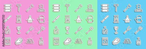 Set line Sauce bottle, Spatula, Oven glove, Barbecue coal bag, Bread knife, Sausage and Kitchen apron icon. Vector