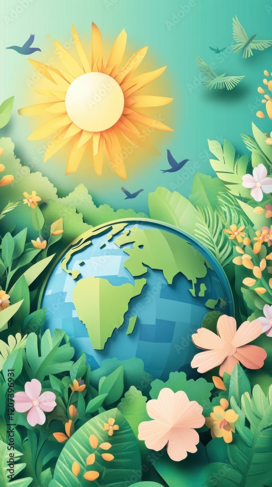 Naklejka premium Celebrating Earth Day: A Paper Art Depiction of Our Vibrant Planet Surrounded by Lush Greenery, Blooming Flowers, and a Sunny Sky