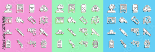 Set line Police body camera, Bloody knife, Crime scene, Balaclava, Whistle, badge with id case, Murder and electric shocker icon. Vector