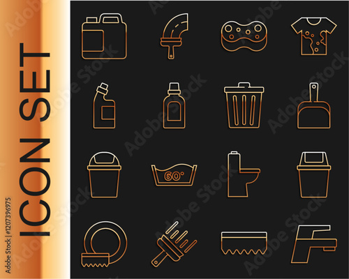 Set line Water tap, Trash can, Dustpan, Sponge, Bottle for cleaning agent, and icon. Vector