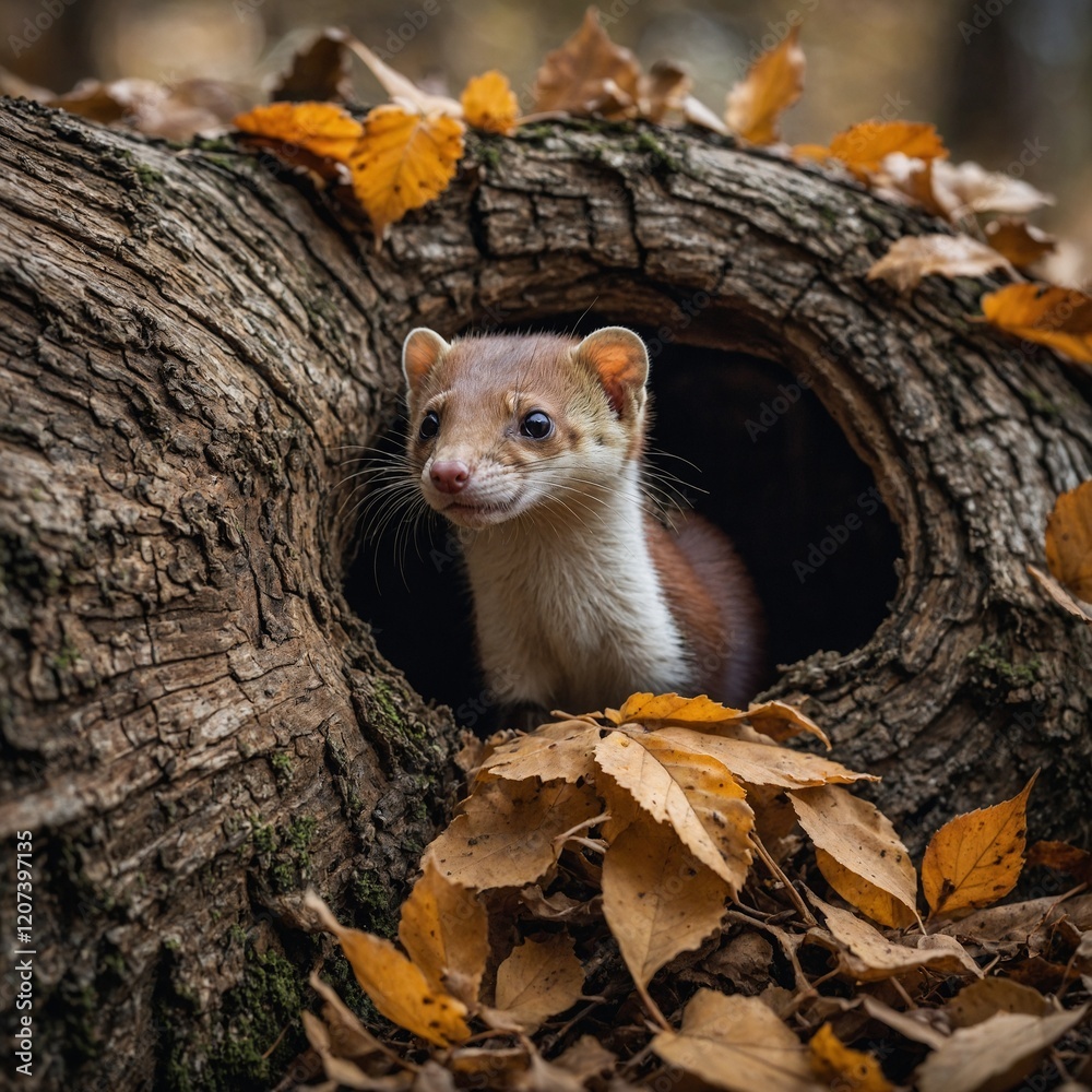 Fototapeta premium A curious weasel peeking out of a hollow tree trunk, surrounded by autumn leaves.