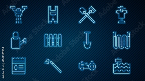 Set line Garden bed, hose, Shovel, fence wooden, Watering can, Smart farm with drone, and worker clothes icon. Vector
