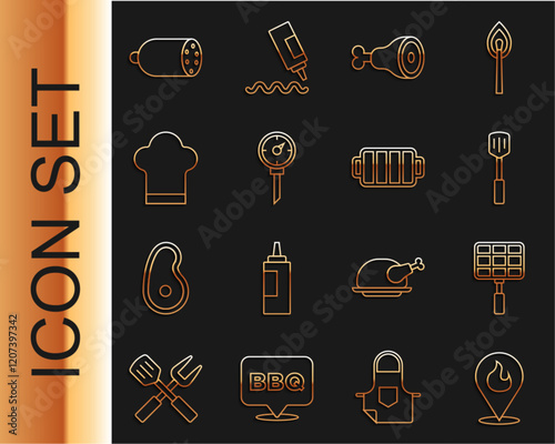 Set line Location with fire flame, Barbecue steel grid, spatula, Chicken leg, Kitchen thermometer, Chef hat, Salami sausage and grill icon. Vector