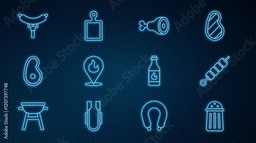 Set line Salt, Grilled shish kebab, Chicken leg, Location with fire flame, Steak meat, Sausage the fork, Tabasco sauce and Cutting board icon. Vector
