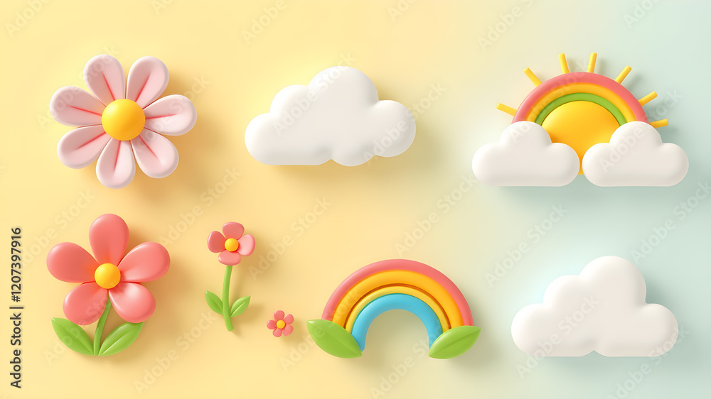 3d spring icons set. Blooming flower, sun and rainbow with clouds. Three dimensional warm summer weather vector objects. Toy plastic design elements collection. Generative AI 3d spring icons set. Blooming flower, sun and rainbow with clouds. Three dimensional warm summer weather vector objects. Toy plastic design elements collection. Generative AI