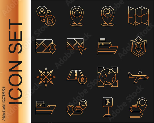 Set line Route location, Plane, Location shield, with person, City map navigation, Infographic of city, and Ship line path icon. Vector