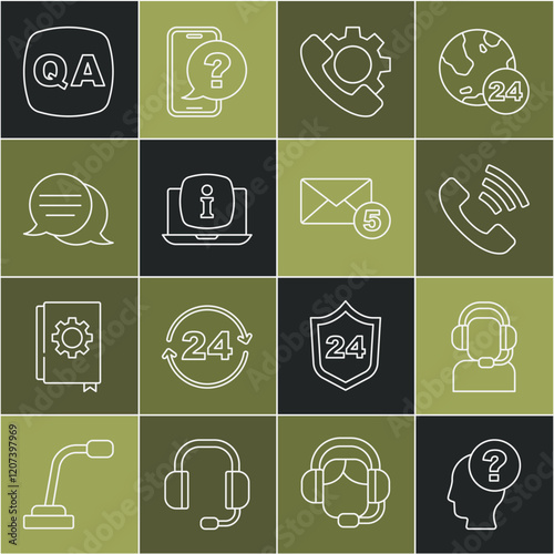 Set line Head with question mark, Man headset, Telephone 24 hours support, Laptop information, Speech bubble chat, Question and Answer and New, email incoming message icon. Vector