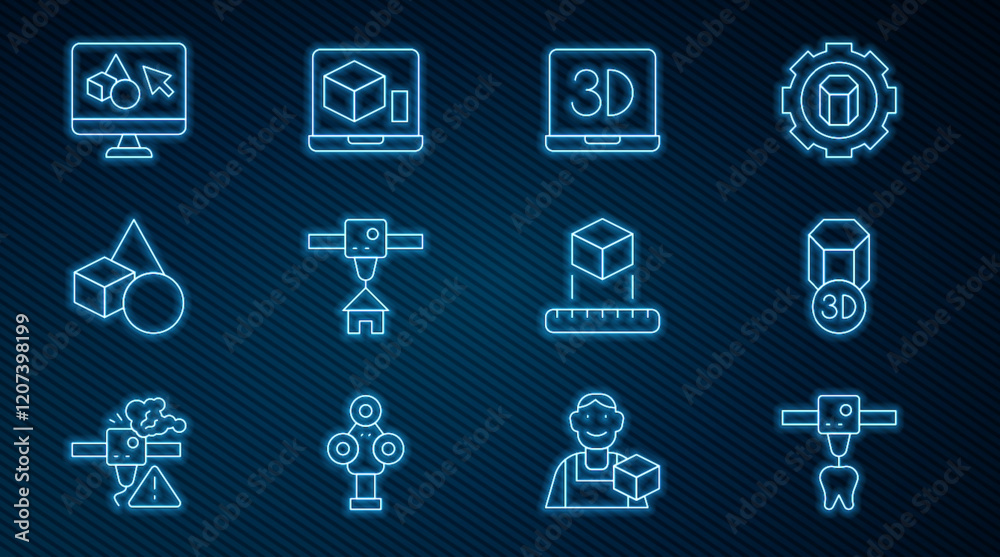 Set line 3D printer tooth, house, Basic geometric shapes, software, Isometric cube and icon. Vector Set line 3D printer tooth, house, Basic geometric shapes, software, Isometric cube and icon. Vector