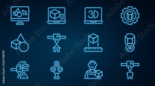Set line 3D printer tooth, house, Basic geometric shapes, software, Isometric cube and icon. Vector