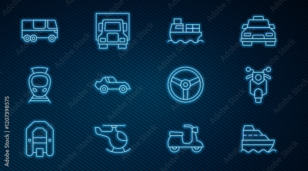 Set line Cruise ship, Scooter, Cargo with boxes delivery, Tram and railway, Bus, Steering wheel and Delivery cargo truck icon. Vector Set line Cruise ship, Scooter, Cargo with boxes delivery, Tram and railway, Bus, Steering wheel and Delivery cargo truck icon. Vector