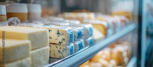 Assortment of artisan cheeses displayed in a refrigerated case at a gourmet food store.