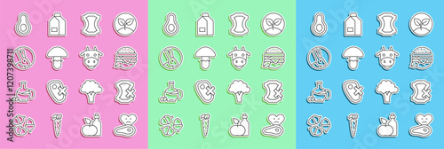 Set line Steak meat, No leather, Vegan food diet, Leather, Mushroom, Rabbit, Avocado fruit and Cow head icon. Vector