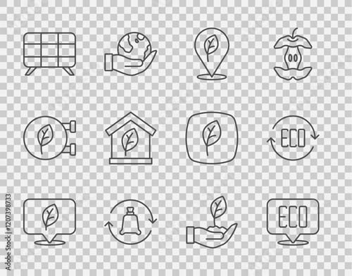 Set line Location with leaf, Leaf Eco symbol, Garbage bag recycle, Solar energy panel, friendly house, Plant in hand and icon. Vector